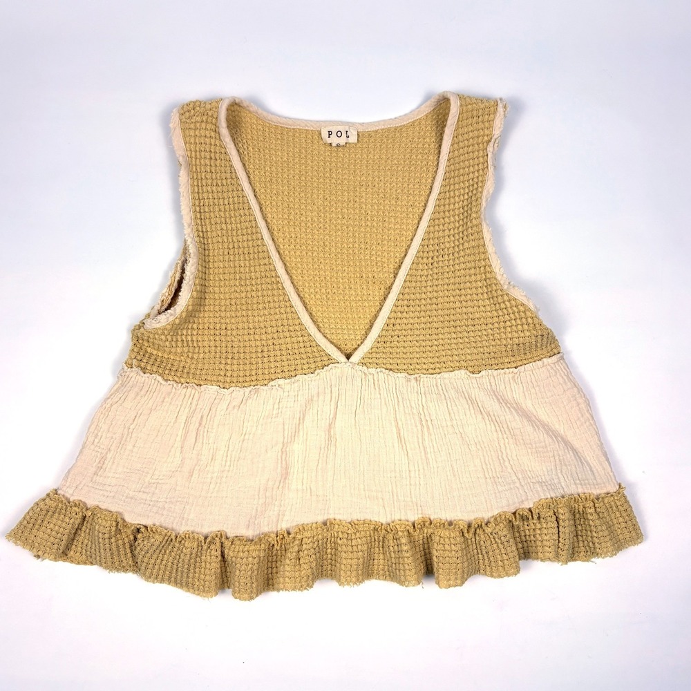 POL Ruffled Cropped Tank Top Womans Sz S Dandelion‎ Wheat Babydoll Boho Casual